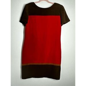 Maggi London Color Block Pencil Silk Dress Red Brown Size 12